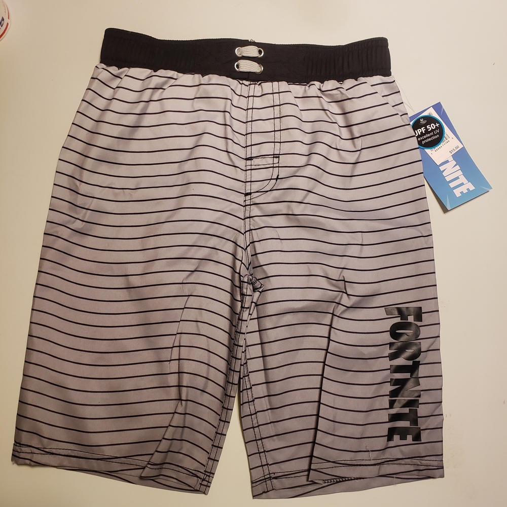 Fortnite Kids Swim Trunks - Black and Gray Striped